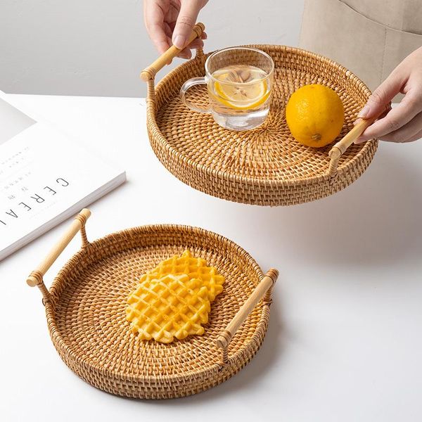 

storage baskets rattan handwoven woven basket round high wall severing tray food platters plate over handles for breakfast drink snack