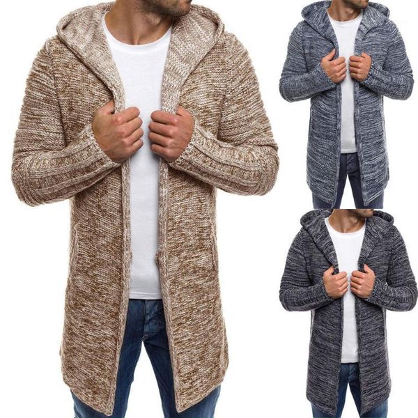 

men's jackets 2021 cardigan coat hooded solid knitted casual trench jacket slim long sleeve outwear fashion mid-length #40, Black;brown