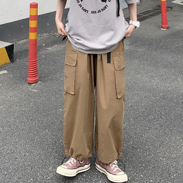 

men's pants cotton wide-leg fashion oversize khaki/white casual men streetwear loose hip-hop pocket cargo mens m-2xl, Black