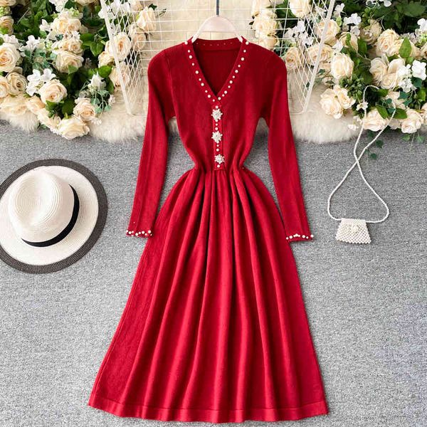 

two piece dress foamlina korean new chic autumn winter women elegant v-neck long sleeve beading knitted female casual party abfr, White