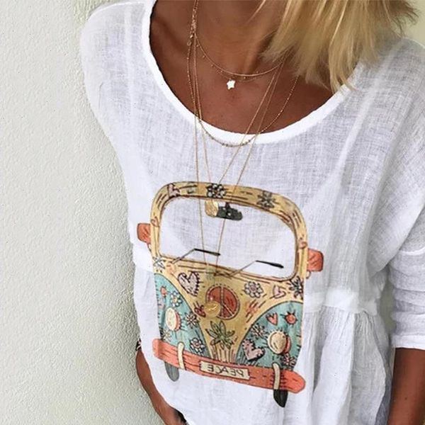 

cartoon car print casual womens blouses o neck long sleeve and summer plus size loose tunic thin shirt 5xl, White