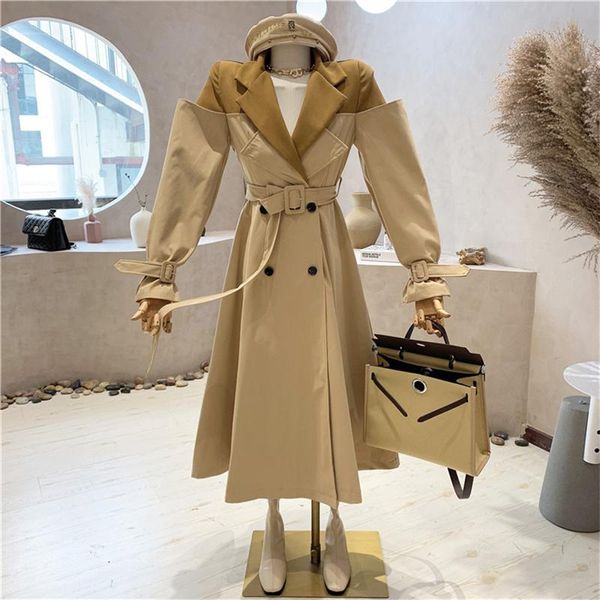 

women's trench coats clothing 2021 autumn waist long-sleeved suit-collar coat mid-length over-the-knee double-breasted, Tan;black