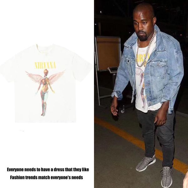 

[high-quality streetwear] t shirts the correct high version fog nirvana band angel kanye same trendy brand short-sleeved t-shirt, White;black