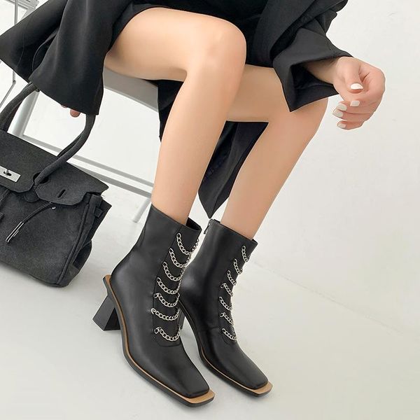 

boots qzyerai 2021 winter ankle high heeled women black genuine leather zip ladies shoes western