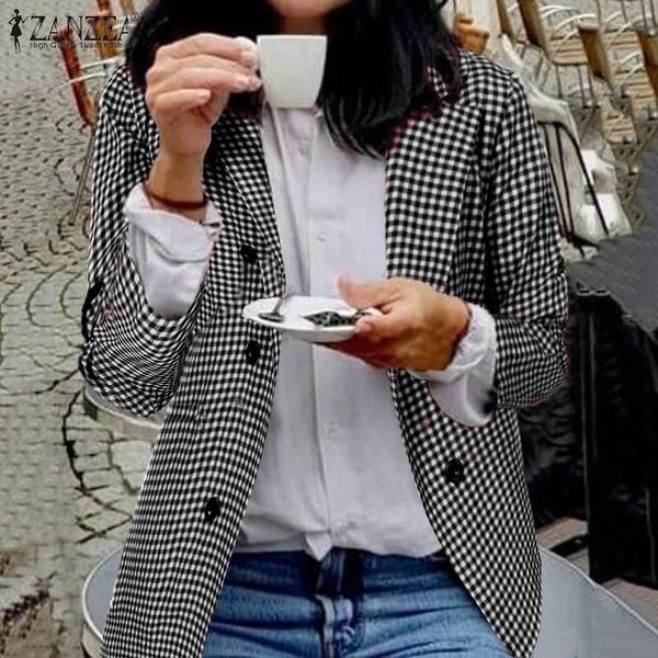 

women's suits & blazers zanzea 2021 fashion office lady women plaid check blazer casual pockets feminino lapel buttons chaqueta mujer 5, White;black