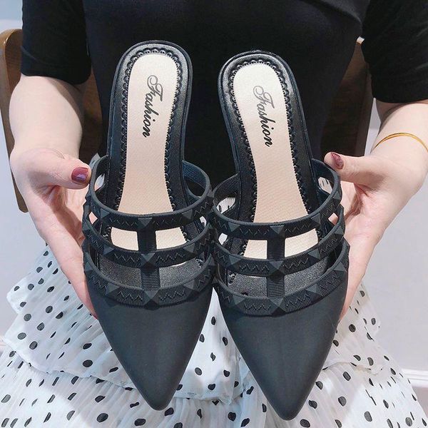 

brand designer women slippers slip on mules wedge heels casual shoes british rivets slides pointed toe heel summer sandals, Black