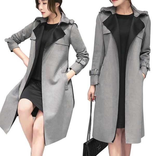 

women's trench coats autumn suede coat 2021 women abrigo mujer long elegant outwear female overcoat slim windbreaker large size 3xl s12, Tan;black