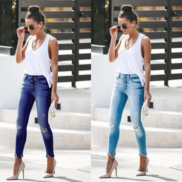 

women's jeans women denim skinny trousers high waist destroyed knee holes pencil pants stretch ripped boyfriend female, Blue