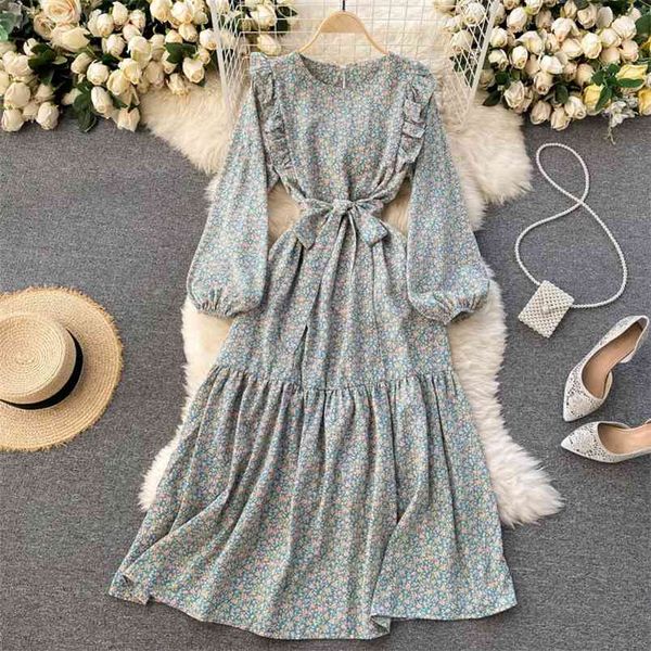

spring broken flower age reduction vestidos female round neck puff sleeve lace-up waist thin temperament midi dress c738 210506, Black;gray
