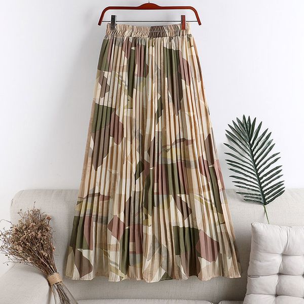 

skirts summer women chiffon long skirt vintage solid a-line pleated elastic waist print jupe femme saia falda mujer gflr, Black