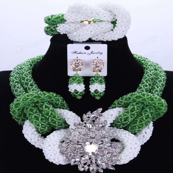 

earrings & necklace green and white african beads jewelry set handmade crystal bridal choker women 2021, Silver