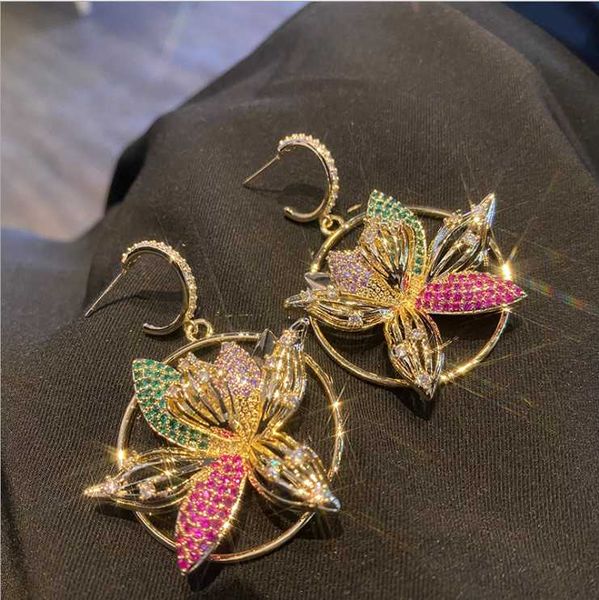 

Dangle & Chandelier S925 Silver Needle Retro Temperament Lotus Earrings Personality Mixed Color Zircon Female Hollow Design