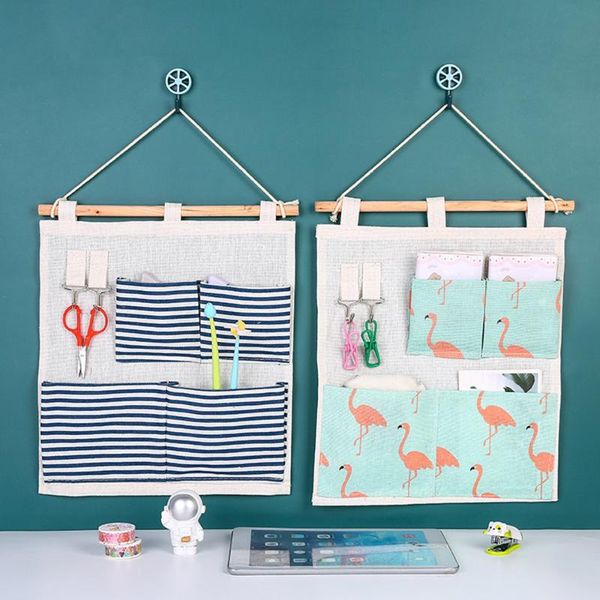 

storage bags cotton linen sundries hanging bag jewelry cosmetics toys key organizer 4 spockets closet wall door hook