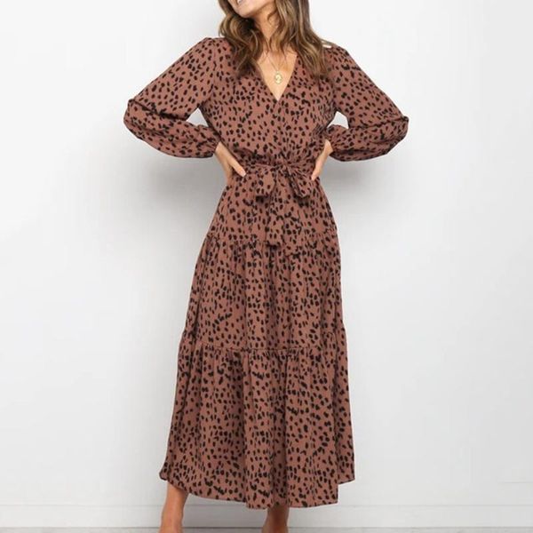 

casual dresses women’s leopard dress stylish long sleeves bandage female v-neck elegant autumn vestidos, Black;gray