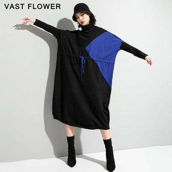 

patchwork drawstring hit color knitted dress women long sleeve turtleneck loose casual sweater autumn winter 2021 dresses, Black;gray