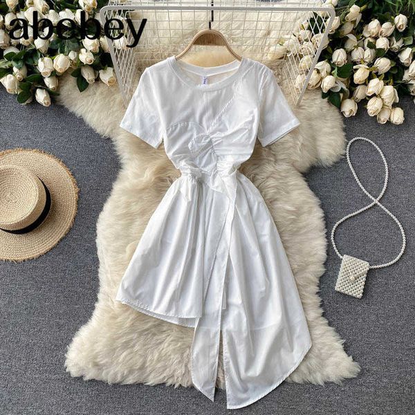 

chic irregular wrap dress women o neck short sleeve elegant asymmetrical party dresses summer korean fashion midi dress 210715, Black;gray