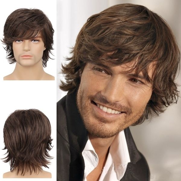 

hair short fashion men's curled brown fluffy partial length bangs wig, Black