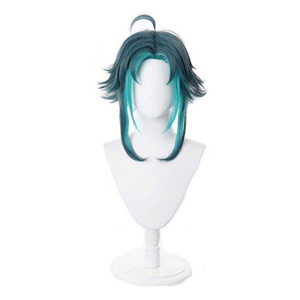 Game Genshin Impacto Xiao Cosplay Peruca Misturado Verde Escuro Azul Azul Curto Curto Resistente Cabelo Sintético Halloween Role Play Wigs + Wig Cap Y0903