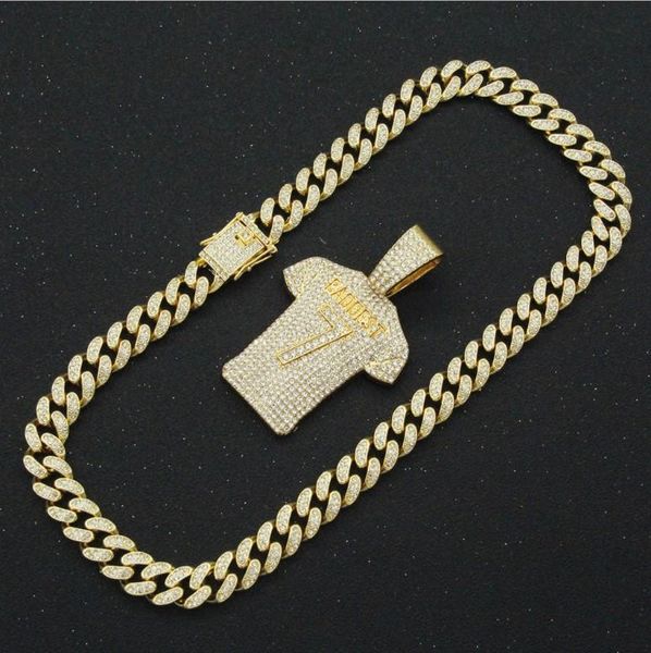 

chains hip hop ronaldo 7 jersey full rhinestone pendant necklace women man's bling gold color cuban link chain rapper jewelry, Silver