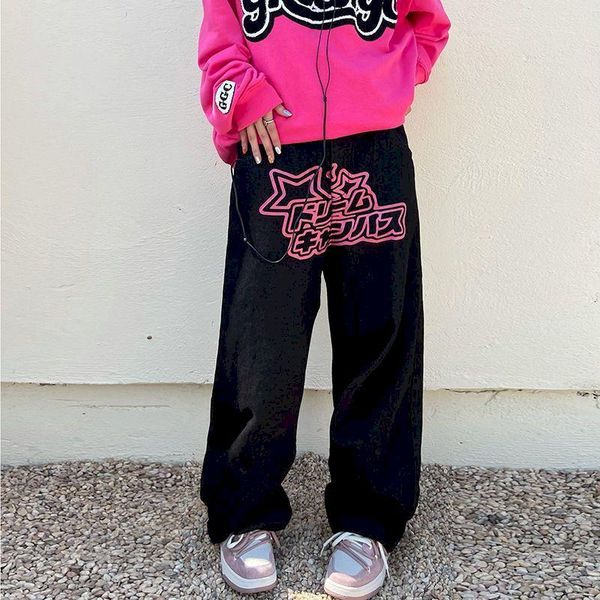 

women's jeans hip hop japanese printed men women black loose straight wide leg mopping pants harajuku american gothic bottoms, Blue