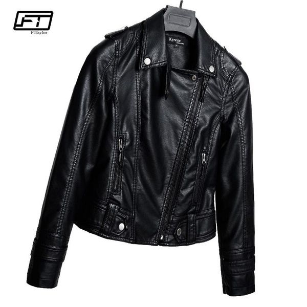 

women's leather & faux spring autumn moto biker black pu jacket female turn-down collar long sleeve zipper motorcycle women
