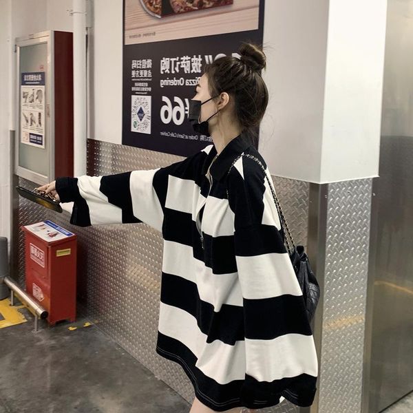 

women's sweaters clothing 2021 spring autumn korean version loose and simple striped dragon fruit sweater medium length top, White;black