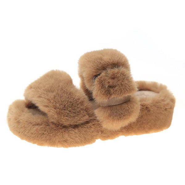 

slippers 2021 winter keep warm women fur furry for home fluffy soft indoor slides thick flats heel non slip house shoes, Black