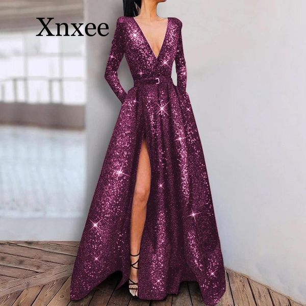 

casual dresses spring summer purple women's dress long v-neck sleeve lace up prom party floor length wedding wear, Black;gray