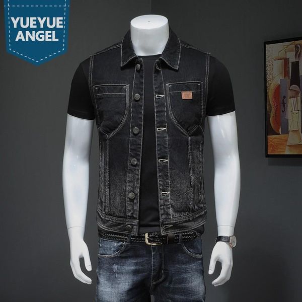 

mens denim vest motorcycle sleeveless black coat single breasted vintage waistcoat jacket male slim fit casual outerwear men's vests, Black;white