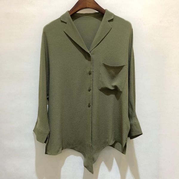 

women's blouses & shirts 100% slik green ol blouse notched waist knotted fashion ladies office wear short and with single pocket, White