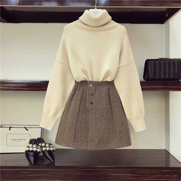 

women sets turtleneck long sleeved loose all-match clothing korean style elegant skirt 2 piece outfits for womens set 211106, White