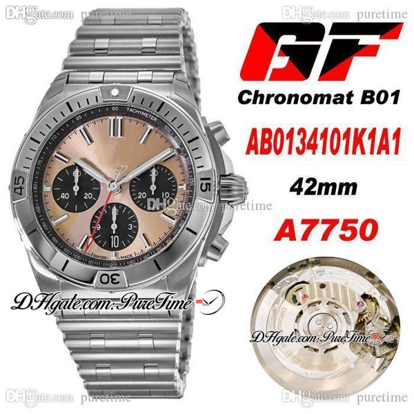 GF B01 ETA A7750 Cronografo automatico Orologio da uomo 42 mm Quadrante in rame beige Quadrante nero Indicatori a bastone AB0134101K1A1 Bracciale in acciaio inossidabile Super Edition Puretime