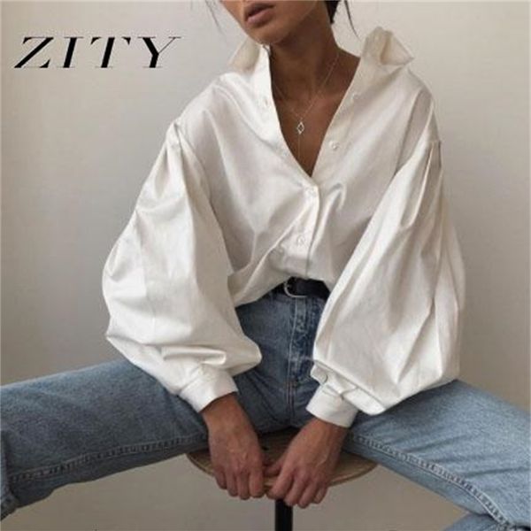 

coats lantern sleeve women white black elegant button vintage blouse turn down collar office ladies shirt female casual, Tan;black