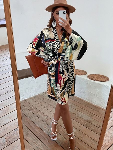 

floral and geo graphic kimono with belt m29d#, White;black