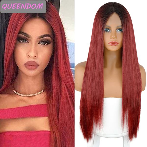 

omber long synthetic lace front wig straight burgundy middle part womens wigs african american heat resistant cosplay lace wig, Black