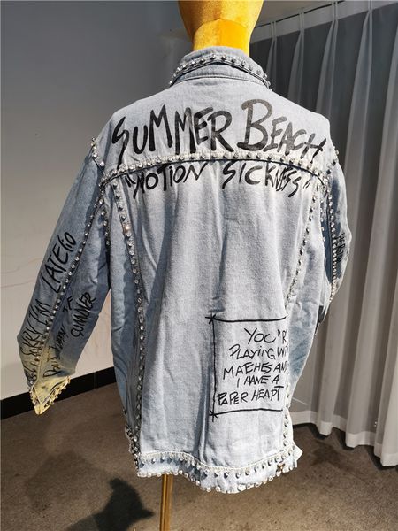 

women's jackets heavy diamond graffiti washed letters women's cardigan thin vintage lapel blue denim female jacket basic coats 4wo, Black;brown