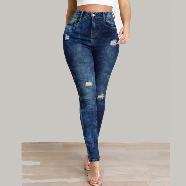 

women's jeans high waist bulifting skinny women ripped ultra stretch denim pencil pants, Blue