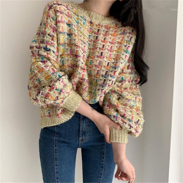 

women's sweaters 2021 khaki knitted sweater women casual houndstooth pullover female autumn winter retro jumpers loose, White;black