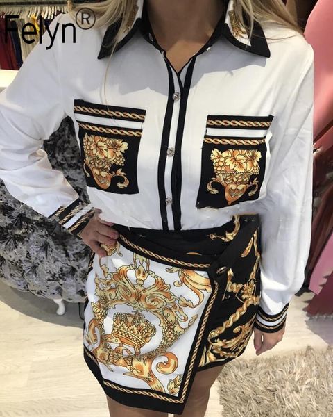 

felyn 2021 elegant fashion new design dress royal luxury print turn-down collar summer office lady mini dress, Black;gray