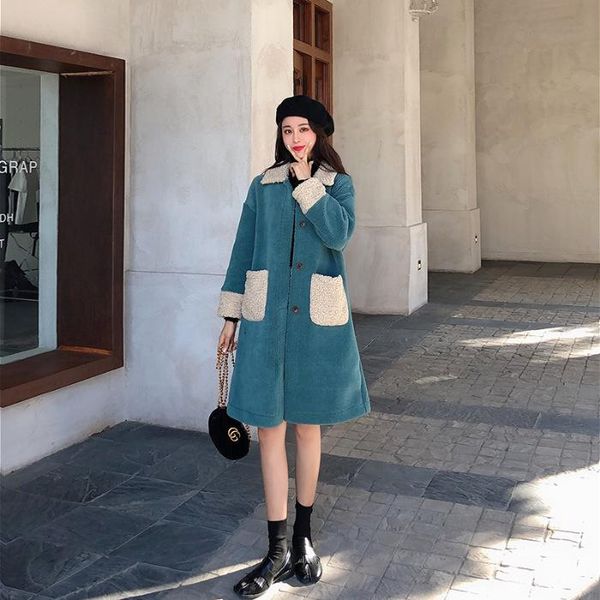 

women's fur & faux coat autumn and winter outfit lamb hair medium long grain sheep cut woolen overcoat jacket women, Black