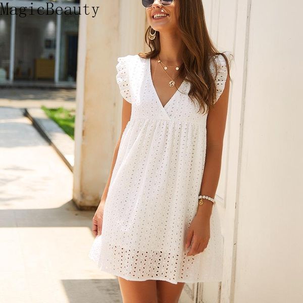 

casual dresses women solid hollow out short dress v neck butterfly sleeve lace, Black;gray