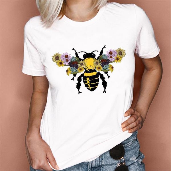 

graphic flower bee floral style women trend fashion 90s short sleeve lady clothes tees print female t shirt, White