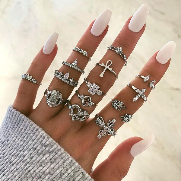 

cluster rings 14 pcs/set vintage heart cross crystal buddha flower geometric silver finger ring set women fashion party wedding jewelry, Golden;silver