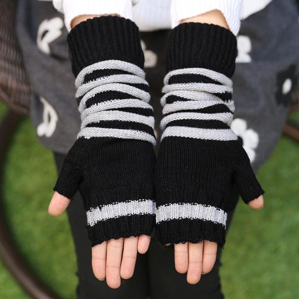 

fingerless gloves striped winter women' grid wrist arm warmer long knit mitten, Blue;gray