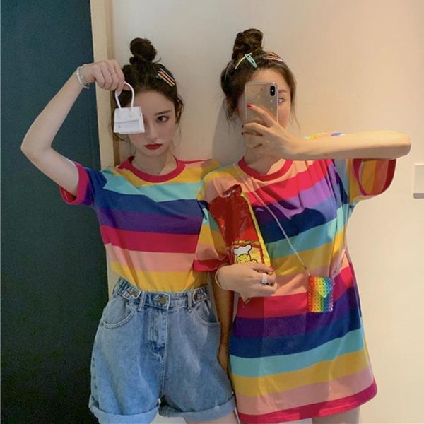 

women's t-shirt fashion summer casual t shirt short sleeve o-neck rainbow striped loose ladies tee, White