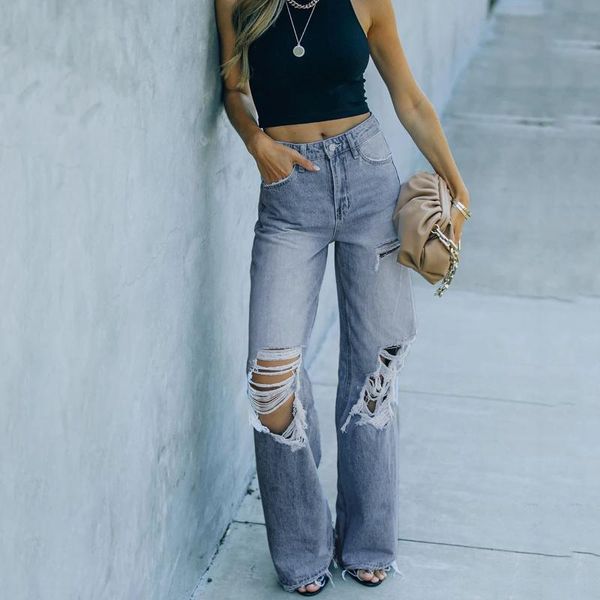 

women's jeans jaycosin women high waist hole button pocket elastic trousers wide leg jean for baggy denim pants vintage streetwear, Blue