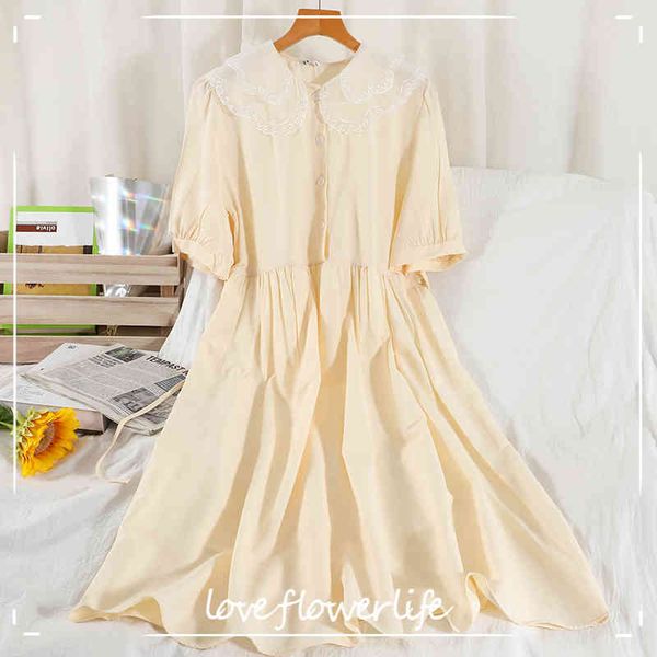 

loveflowerlife summer vintage solid dress a line button short chiffon peter pan collar high waist mid-calf women dresses 210521, Black;gray