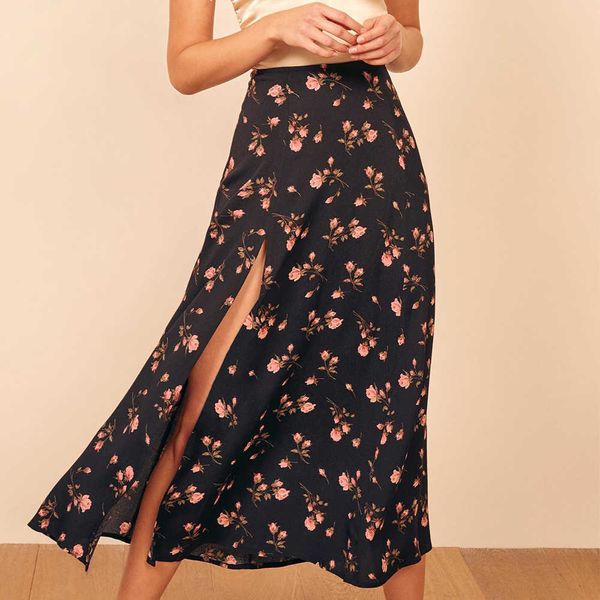 

women skirt fashion elegant vintage black floral skirts womens high waist midi skirt side high slit woman skirts 210708