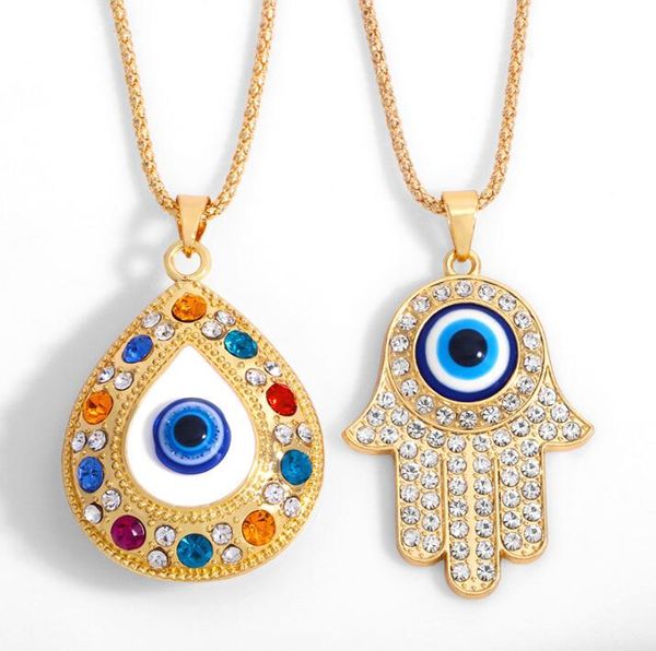 Fatima-Hand-Anhänger-Halskette für Frauen, Türkei, böse blaue Augen, Kristall-Pullover-Kette, Legierung, vergoldete Halsketten, Schmuck