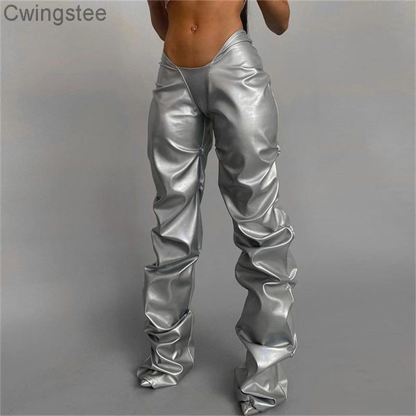 

women's pants & capris solid faux pu leather shiny women hipster high street irregular shape folds clothing elastic waist female street, Black;white